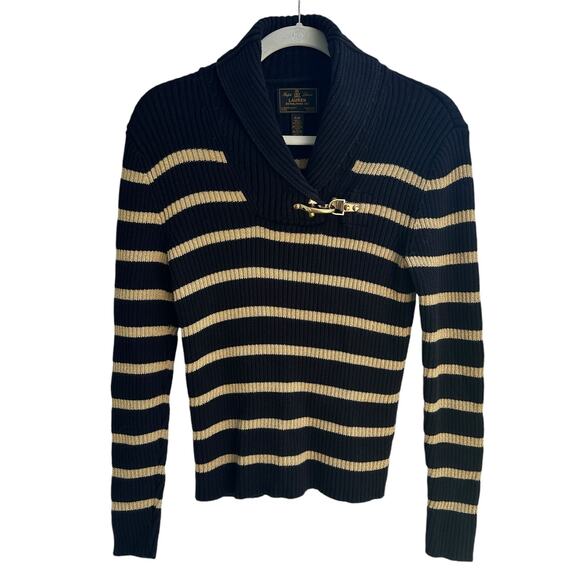 Ralph Lauren Black Label Knit Sweater Cowl Neck with Gold Metallic Clasp Stripes - Picture 1 of 10